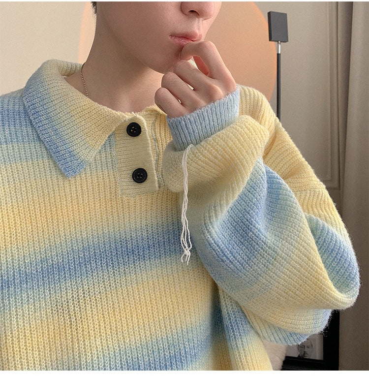 Salt Color Striped Turtleneck Sweater For Men