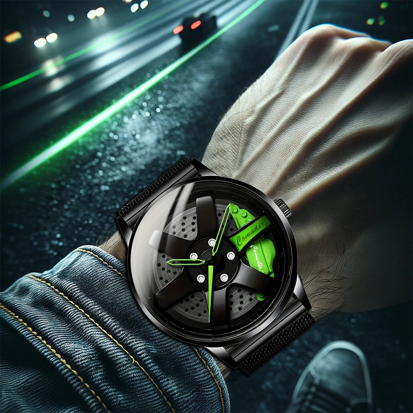 New men's watch with sporty and trendy wheel design, high aesthetic and fashionable disc, black mesh belt, men's quartz watch