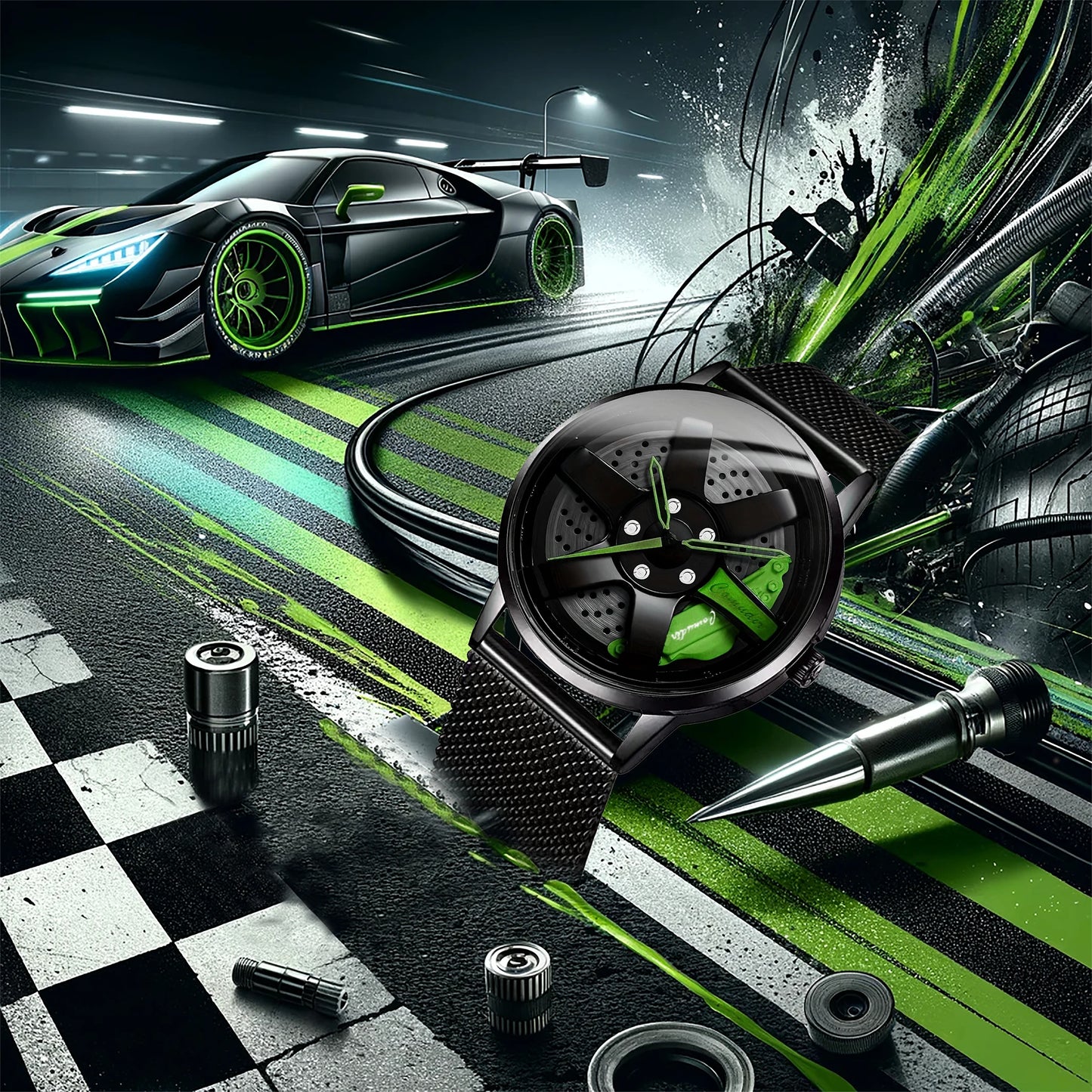 New men's watch with sporty and trendy wheel design, high aesthetic and fashionable disc, black mesh belt, men's quartz watch