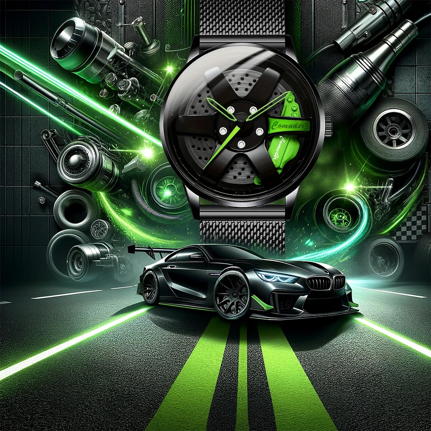 New men's watch with sporty and trendy wheel design, high aesthetic and fashionable disc, black mesh belt, men's quartz watch