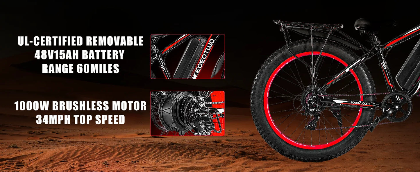 1500W Fat Tire Electric Bike for Adults 26"x4.0 All Terrain Ebike 34MPH Fast Mountain E-Bike 48V Long Range Snow Beach Bicycle