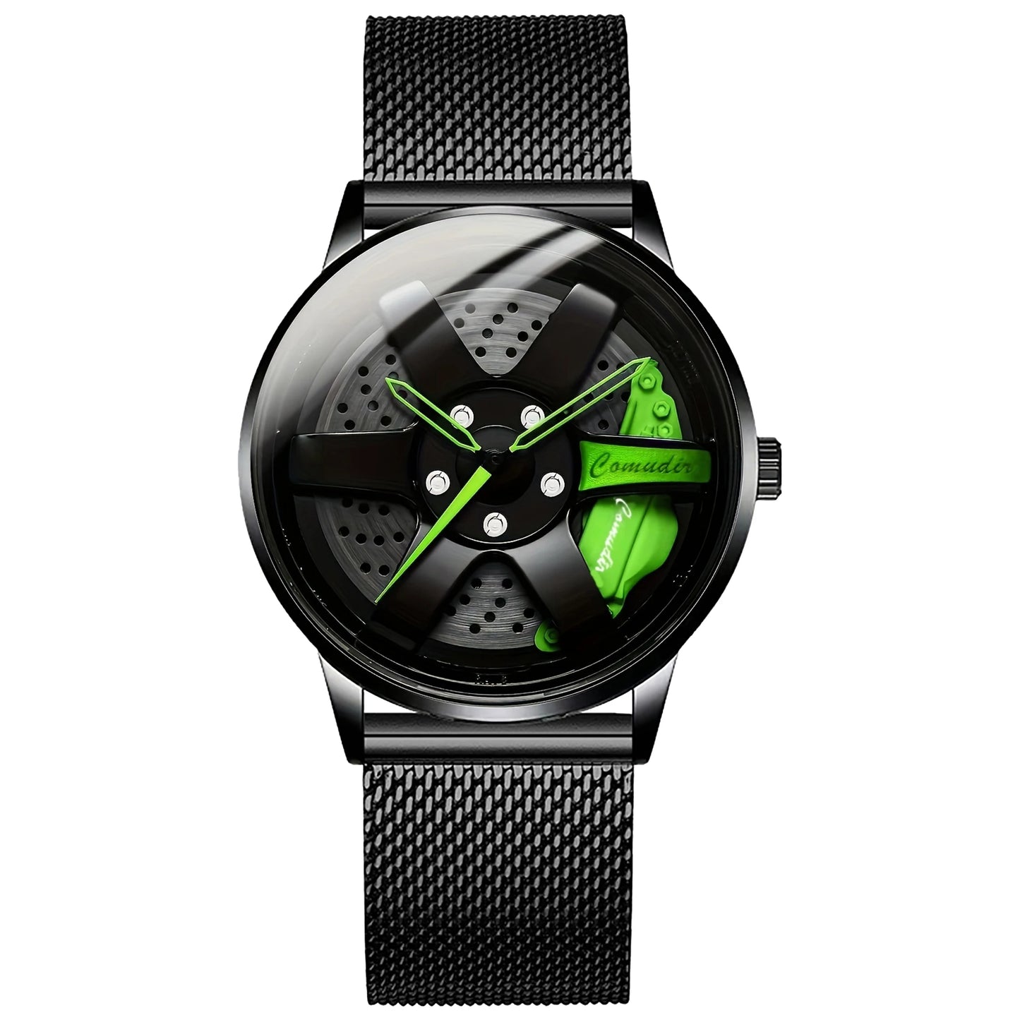 New men's watch with sporty and trendy wheel design, high aesthetic and fashionable disc, black mesh belt, men's quartz watch