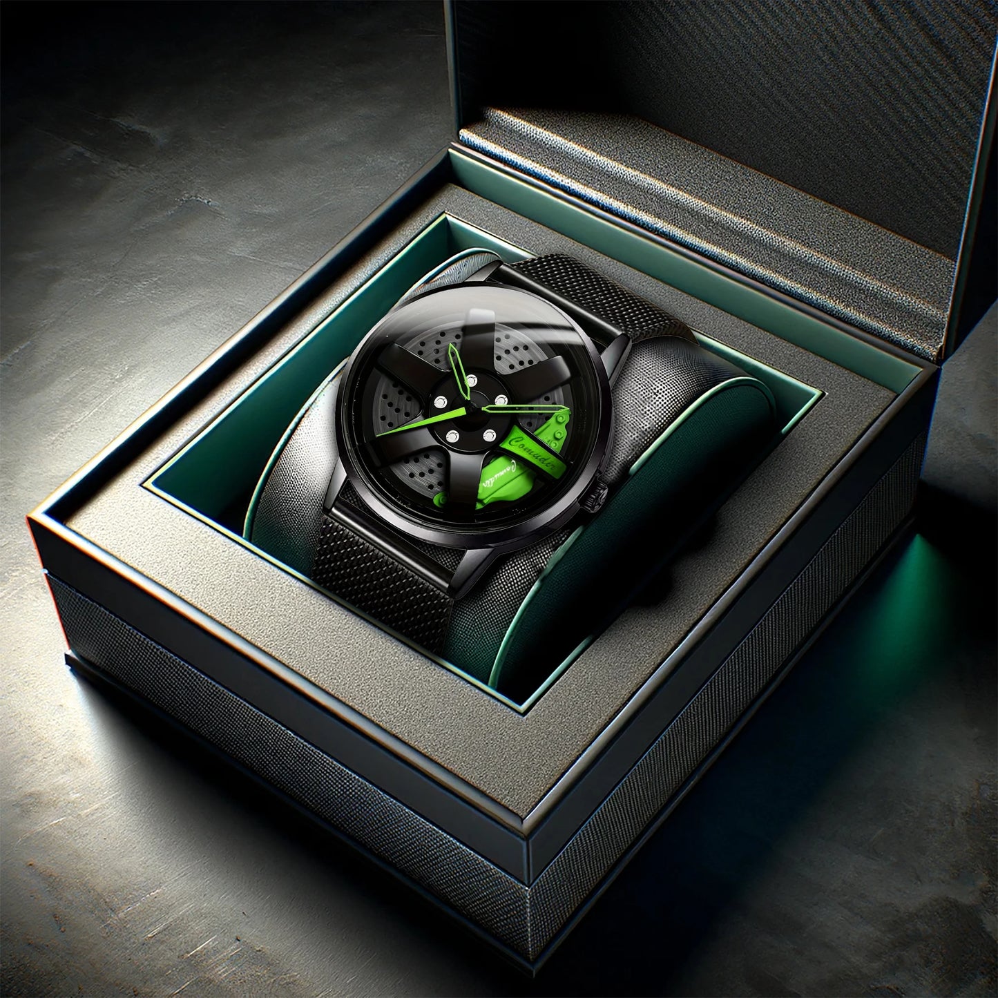 New men's watch with sporty and trendy wheel design, high aesthetic and fashionable disc, black mesh belt, men's quartz watch