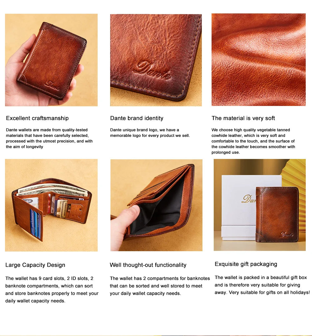 Dante Men's Leather Wallet RFID Anti-theft Brush Head Layer Cowhide Retro Casual Vertical Multi-Function Money Bag Money Clips