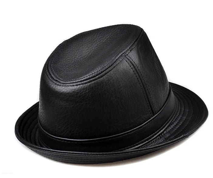 New 2025 Man High Quality Genuine Leather Jazz Fedora Gentleman Cow Skin Short Brim Black/Brown Top Hat Male Shows Topper