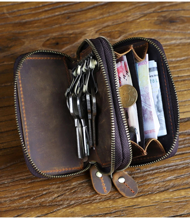 Genuine Leather Key Wallet For Men Retro Car Smart Key Case Double Zipper Housekeeper Keys Coin Pouch Organizer Handbag Women