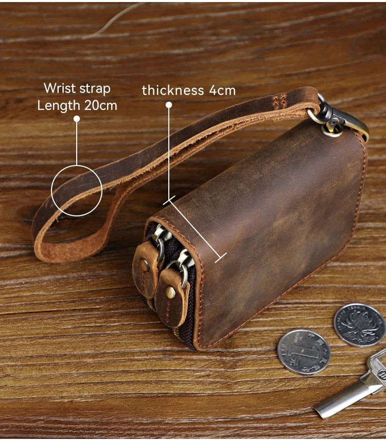 Genuine Leather Key Wallet For Men Retro Car Smart Key Case Double Zipper Housekeeper Keys Coin Pouch Organizer Handbag Women