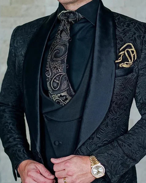 Hot Selling Men Suits Pattern and Black Groom Tuxedos Shawl Satin Lapel Groomsmen Wedding Best Man ( Jacket+Pants+Vest+Tie) C691