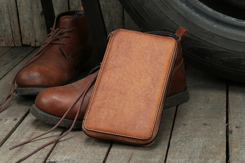 Vintage Genuine leather wallet Men leather long wallet men purse clutch bag male money clips zip around money bag card holder