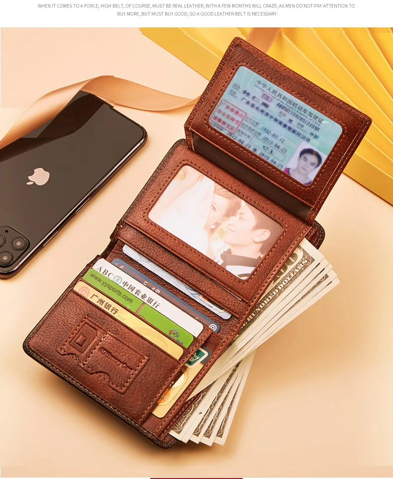 Dante Men's Leather Wallet RFID Anti-theft Brush Head Layer Cowhide Retro Casual Vertical Multi-Function Money Bag Money Clips