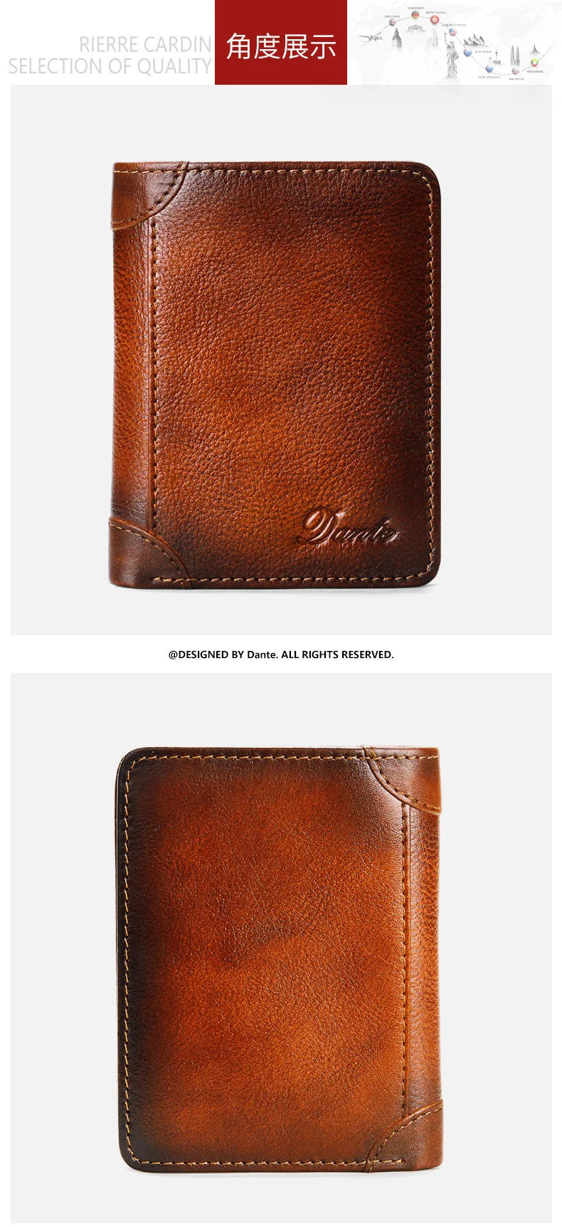 Dante Men's Leather Wallet RFID Anti-theft Brush Head Layer Cowhide Retro Casual Vertical Multi-Function Money Bag Money Clips