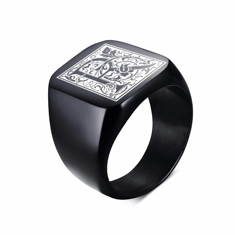 MONOGRAM SIGNET RING STAINLESS STEEL BIKER RINGS FOR MEN MONOGRAM FANCY INITAL SQUARE FLAT TOP BAND IN BLACK