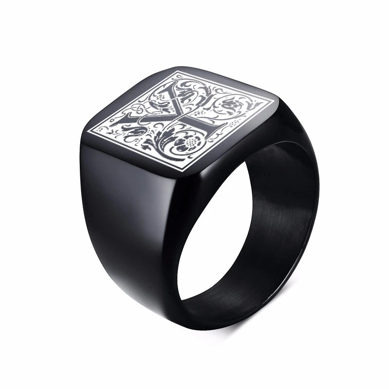 MONOGRAM SIGNET RING STAINLESS STEEL BIKER RINGS FOR MEN MONOGRAM FANCY INITAL SQUARE FLAT TOP BAND IN BLACK
