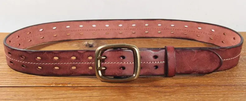 Vintage Men's 3.8cm Wide Double Breasted Belt 100% Cowhide Double Prong Buckle Handmade Heavy Duty Belt Fashion Jeans Belt Brown