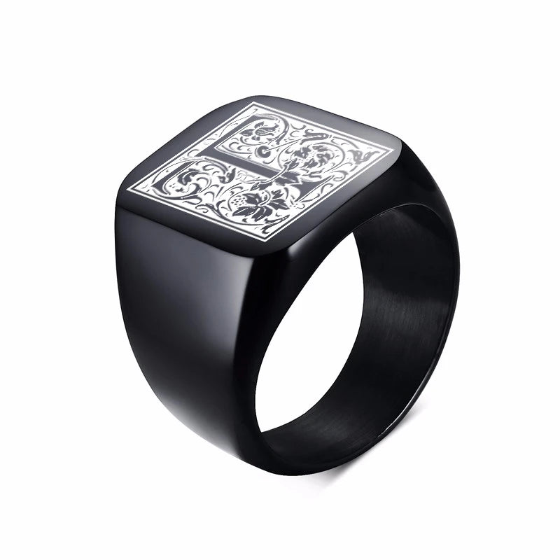 MONOGRAM SIGNET RING STAINLESS STEEL BIKER RINGS FOR MEN MONOGRAM FANCY INITAL SQUARE FLAT TOP BAND IN BLACK