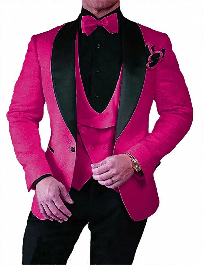 Hot Selling Men Suits Pattern and Black Groom Tuxedos Shawl Satin Lapel Groomsmen Wedding Best Man ( Jacket+Pants+Vest+Tie) C691