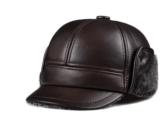 Genuine Cowhide Leather Faux Fur Caps Dad Warm Winter Hat For Men Velvet Flat-top Duck Tongue Ear Protection Outdoor Bomber Gorr