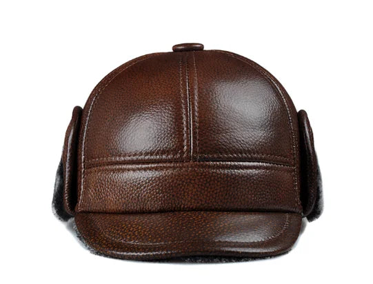 Genuine Cowhide Leather Faux Fur Caps Dad Warm Winter Hat For Men Velvet Flat-top Duck Tongue Ear Protection Outdoor Bomber Gorr