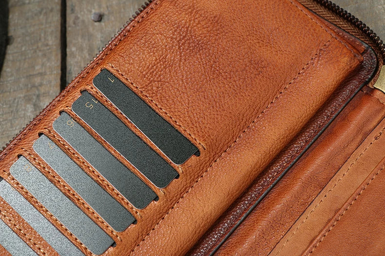 Vintage Genuine leather wallet Men leather long wallet men purse clutch bag male money clips zip around money bag card holder