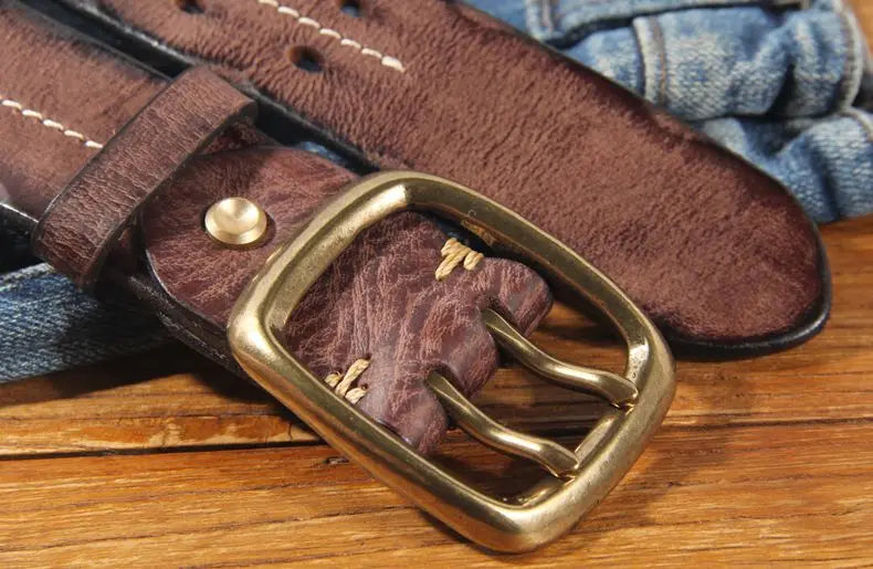 Vintage Men's 3.8cm Wide Double Breasted Belt 100% Cowhide Double Prong Buckle Handmade Heavy Duty Belt Fashion Jeans Belt Brown