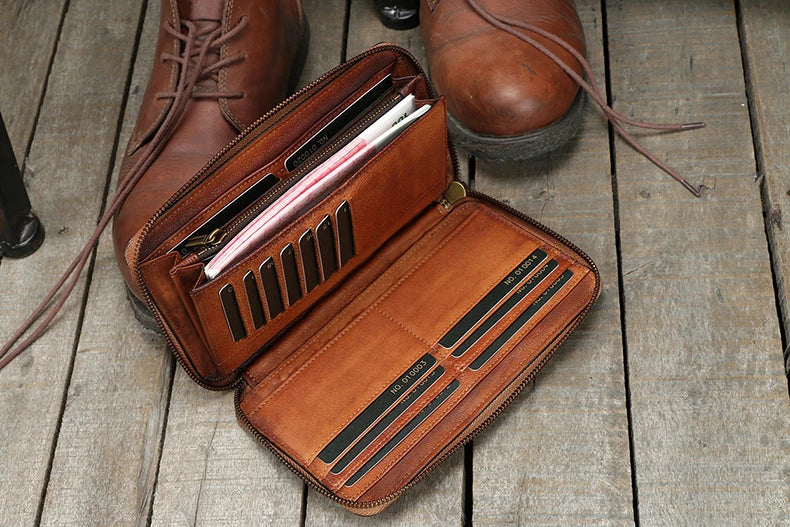 Vintage Genuine leather wallet Men leather long wallet men purse clutch bag male money clips zip around money bag card holder