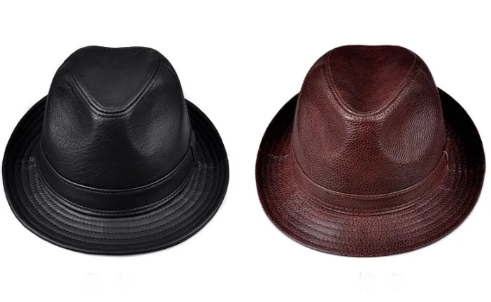 New 2025 Man High Quality Genuine Leather Jazz Fedora Gentleman Cow Skin Short Brim Black/Brown Top Hat Male Shows Topper