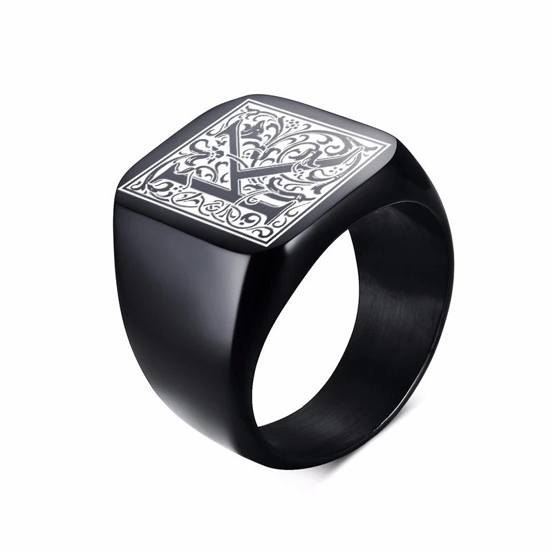 MONOGRAM SIGNET RING STAINLESS STEEL BIKER RINGS FOR MEN MONOGRAM FANCY INITAL SQUARE FLAT TOP BAND IN BLACK