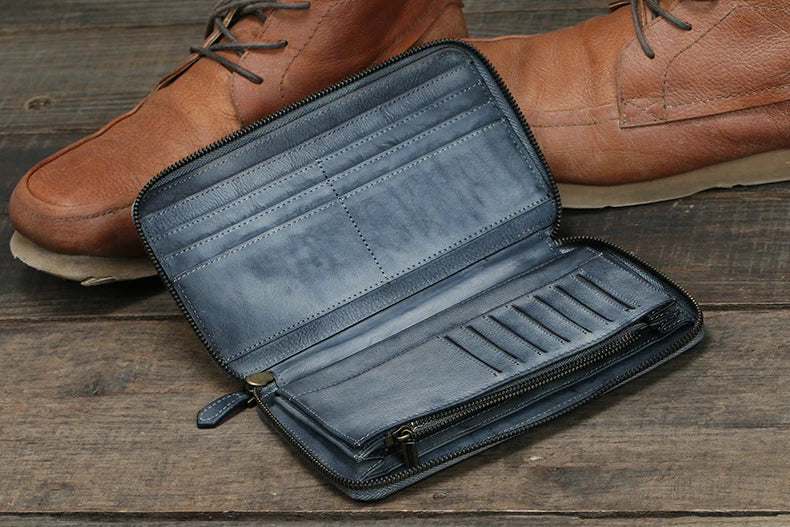 Vintage Genuine leather wallet Men leather long wallet men purse clutch bag male money clips zip around money bag card holder
