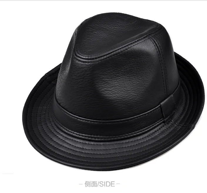New 2025 Man High Quality Genuine Leather Jazz Fedora Gentleman Cow Skin Short Brim Black/Brown Top Hat Male Shows Topper