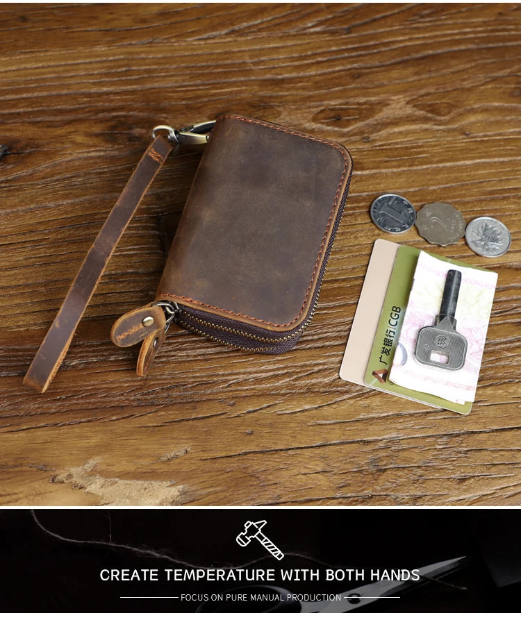 Genuine Leather Key Wallet For Men Retro Car Smart Key Case Double Zipper Housekeeper Keys Coin Pouch Organizer Handbag Women