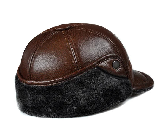 Genuine Cowhide Leather Faux Fur Caps Dad Warm Winter Hat For Men Velvet Flat-top Duck Tongue Ear Protection Outdoor Bomber Gorr
