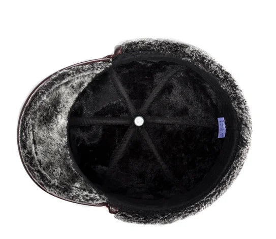 Genuine Cowhide Leather Faux Fur Caps Dad Warm Winter Hat For Men Velvet Flat-top Duck Tongue Ear Protection Outdoor Bomber Gorr