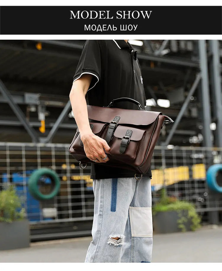 Men Leather Bag Men's Laptop Briefcase Bag Vintage Male Office Messenger Bag Business PU Leather Briefcase Bags For Man Backpack