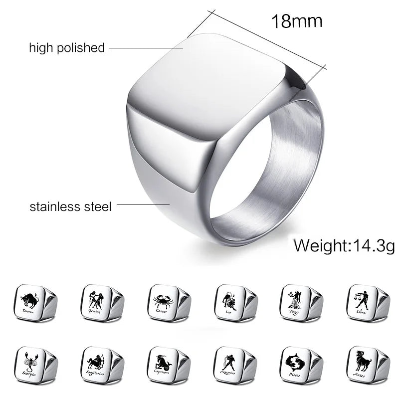 Vnox 18mm Signet Ring For Men Women, The Zodiac 12 Horoscope Constellation Sign Finger Band, Stainless Steel Aries Punk Ring