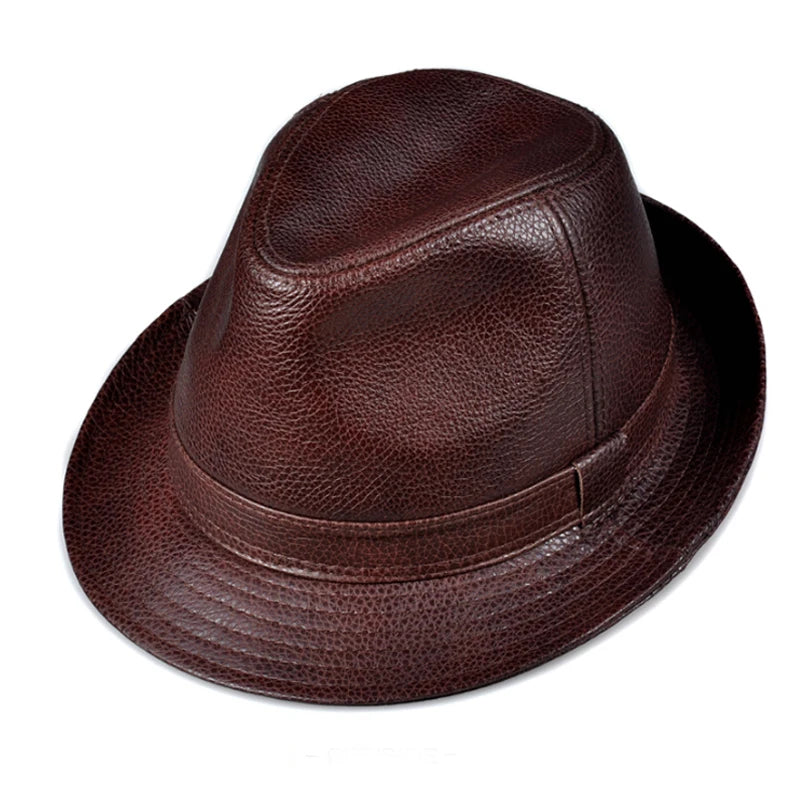New 2025 Man High Quality Genuine Leather Jazz Fedora Gentleman Cow Skin Short Brim Black/Brown Top Hat Male Shows Topper