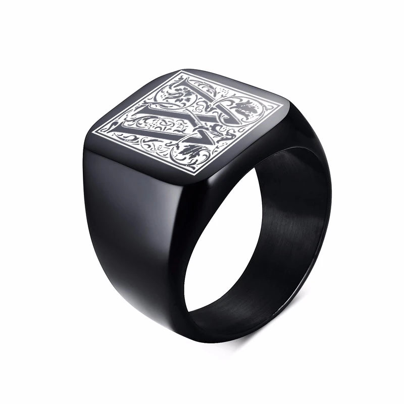 MONOGRAM SIGNET RING STAINLESS STEEL BIKER RINGS FOR MEN MONOGRAM FANCY INITAL SQUARE FLAT TOP BAND IN BLACK