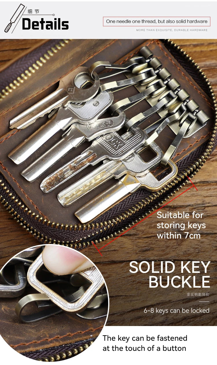 Genuine Leather Key Wallet For Men Retro Car Smart Key Case Double Zipper Housekeeper Keys Coin Pouch Organizer Handbag Women