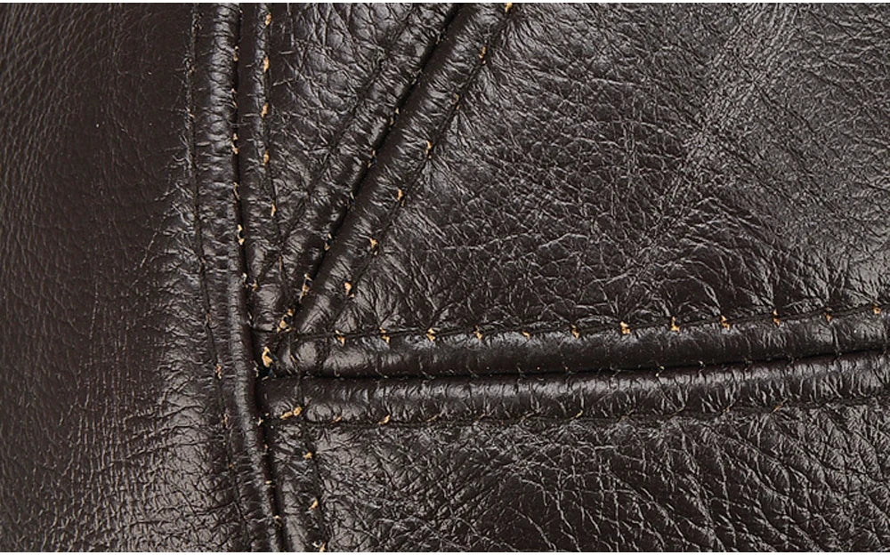 Brand Men Casual Real Leather Earflap Cap Men Real Cowhide Leather Caps Male Fall Winter Genuine Real Cow Leather Baseball Hats