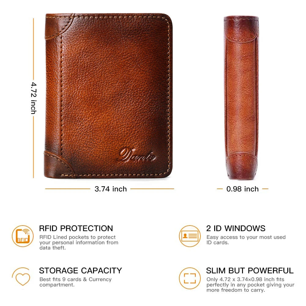 Dante Men's Leather Wallet RFID Anti-theft Brush Head Layer Cowhide Retro Casual Vertical Multi-Function Money Bag Money Clips
