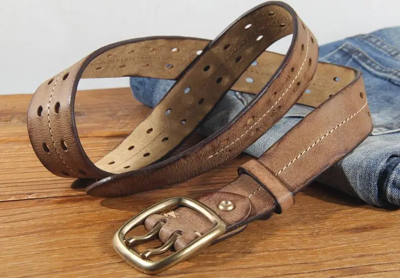 Vintage Men's 3.8cm Wide Double Breasted Belt 100% Cowhide Double Prong Buckle Handmade Heavy Duty Belt Fashion Jeans Belt Brown