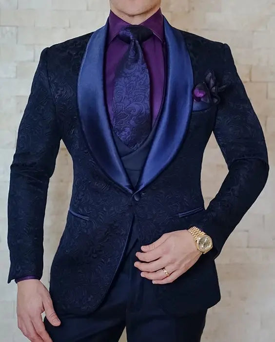 Hot Selling Men Suits Pattern and Black Groom Tuxedos Shawl Satin Lapel Groomsmen Wedding Best Man ( Jacket+Pants+Vest+Tie) C691