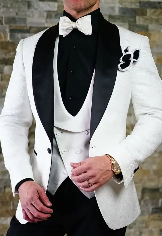 Hot Selling Men Suits Pattern and Black Groom Tuxedos Shawl Satin Lapel Groomsmen Wedding Best Man ( Jacket+Pants+Vest+Tie) C691