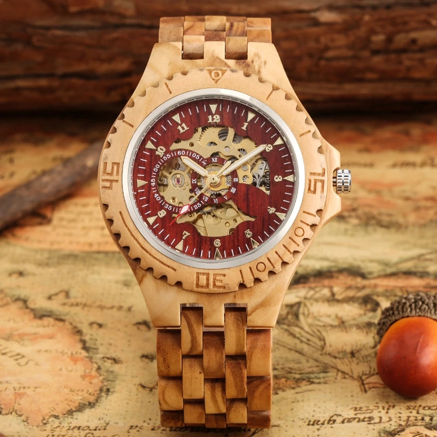 Men's Watch Top Luxury Mechanical Watch Automatic Red Skeleton Cherry Wood Clock Men Full Wooden Band Casual Wristwatch Retro