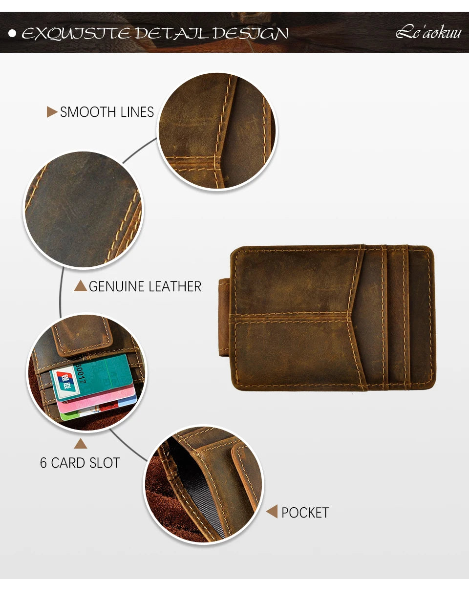 Leather Magnetic Money Clip Men Father's Day Gift Wallet Card Photo Holder Design Handy Front Pocket Wallet Mini Purse Male 1017