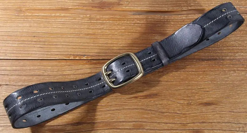 Vintage Men's 3.8cm Wide Double Breasted Belt 100% Cowhide Double Prong Buckle Handmade Heavy Duty Belt Fashion Jeans Belt Brown