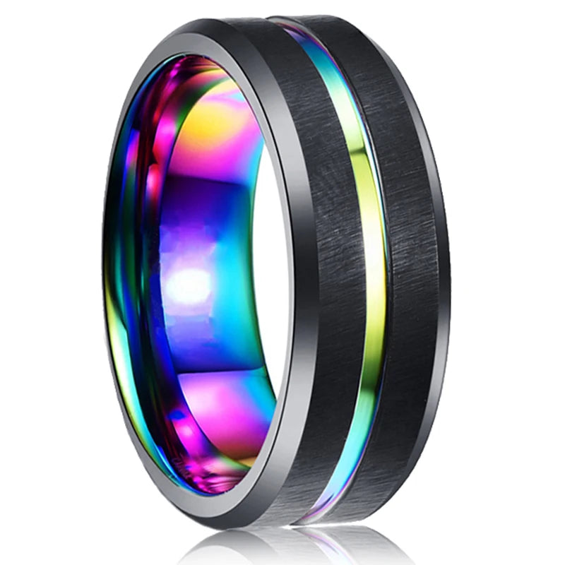 Fashion Men’s Silver Color Black Stainless Steel Ring Groove Multi-Faceted Ring For Men Women Engagement Ring Anniversary Gifts