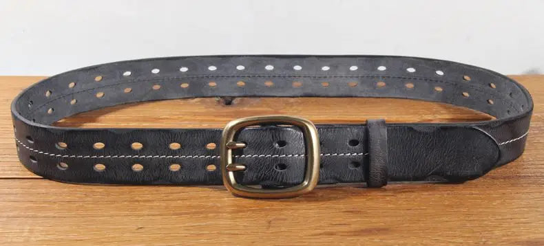 Vintage Men's 3.8cm Wide Double Breasted Belt 100% Cowhide Double Prong Buckle Handmade Heavy Duty Belt Fashion Jeans Belt Brown