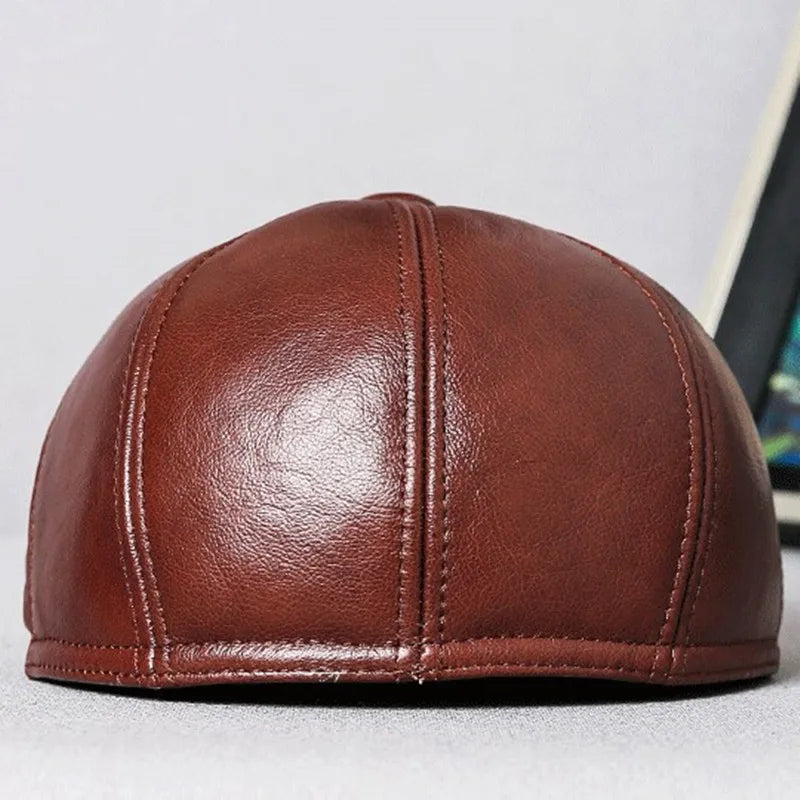 SILOQIN Men's Real Genuine Leather Caps Warm Berets Men Cowhide Leather Hat Winter Fur Earmuffs Cap Middle-aged Dad's Beret Hats