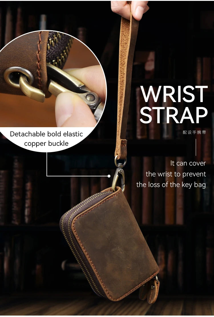 Genuine Leather Key Wallet For Men Retro Car Smart Key Case Double Zipper Housekeeper Keys Coin Pouch Organizer Handbag Women