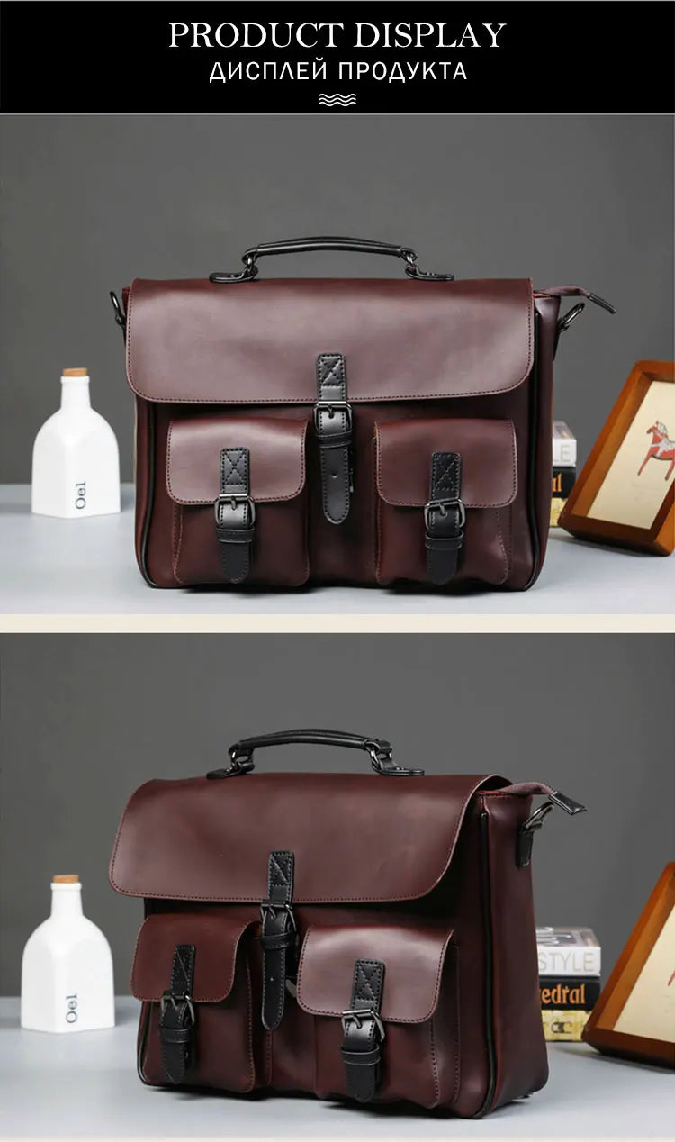 Men Leather Bag Men's Laptop Briefcase Bag Vintage Male Office Messenger Bag Business PU Leather Briefcase Bags For Man Backpack